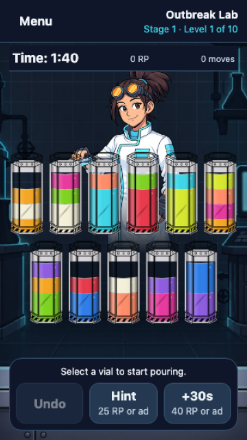 Nova&rsquo;s Lab on a phone: two rows of vials holding coloured compounds, with a timer and Undo, Hint and plus-thirty-seconds controls.
